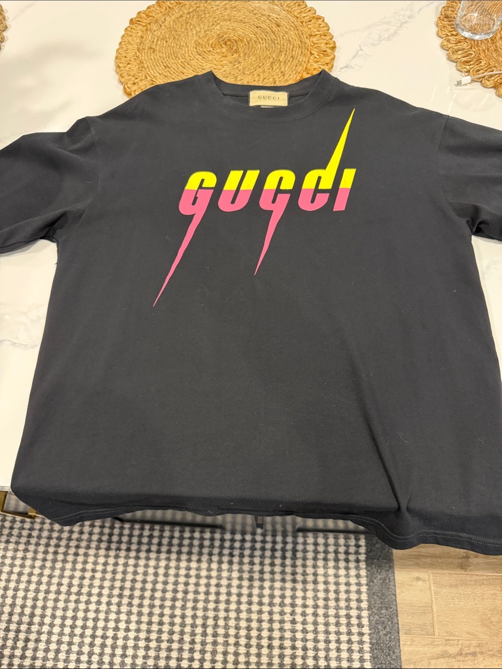 Gucci Black Short Sleeve Tee with Pink & Yellow Logo